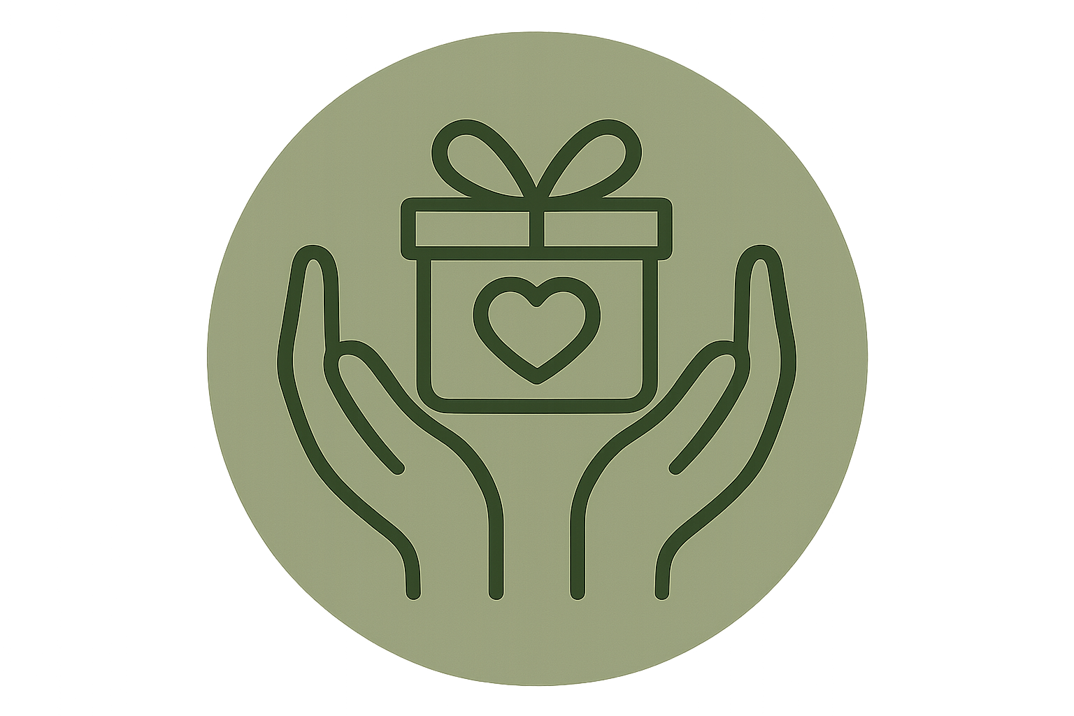 A minimalist flat icon of two hands wrapping a gift or holding a heart, symbolizing care and thoughtfulness, soft green color (#62794C), gentle and warm design, modern aesthetic. in a circle shape for an icon