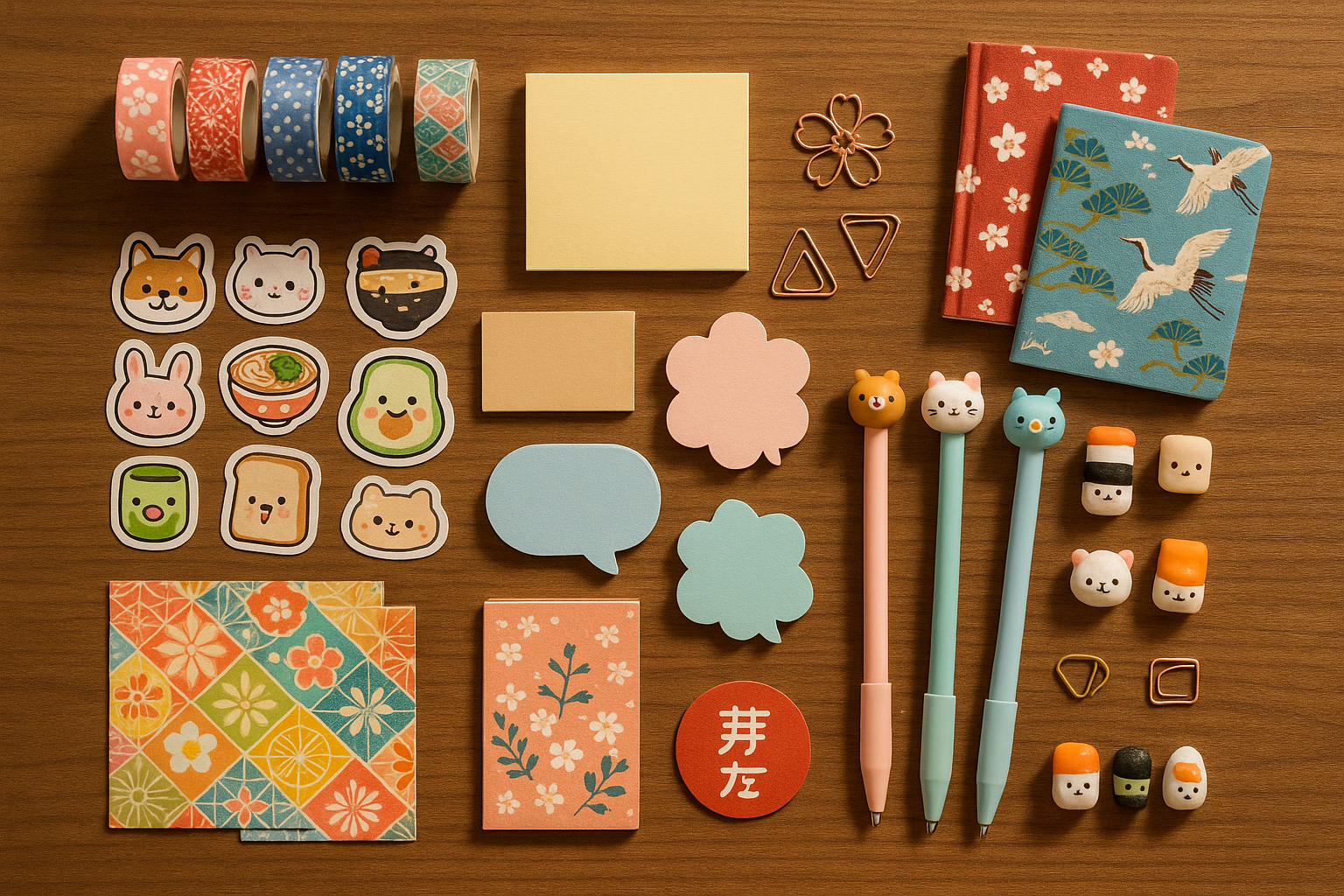 generate an iamge with a brown wood type backgorund of japanese accessories like washi tape, stickers, stick notes and other cute stuff
