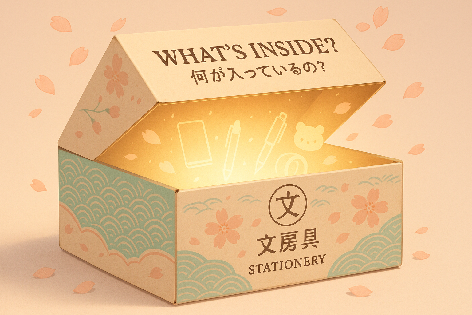 generate an image for my Japanese stationery mystery cardboard box compmnay that teases our mystery box. A wahts inside type tease